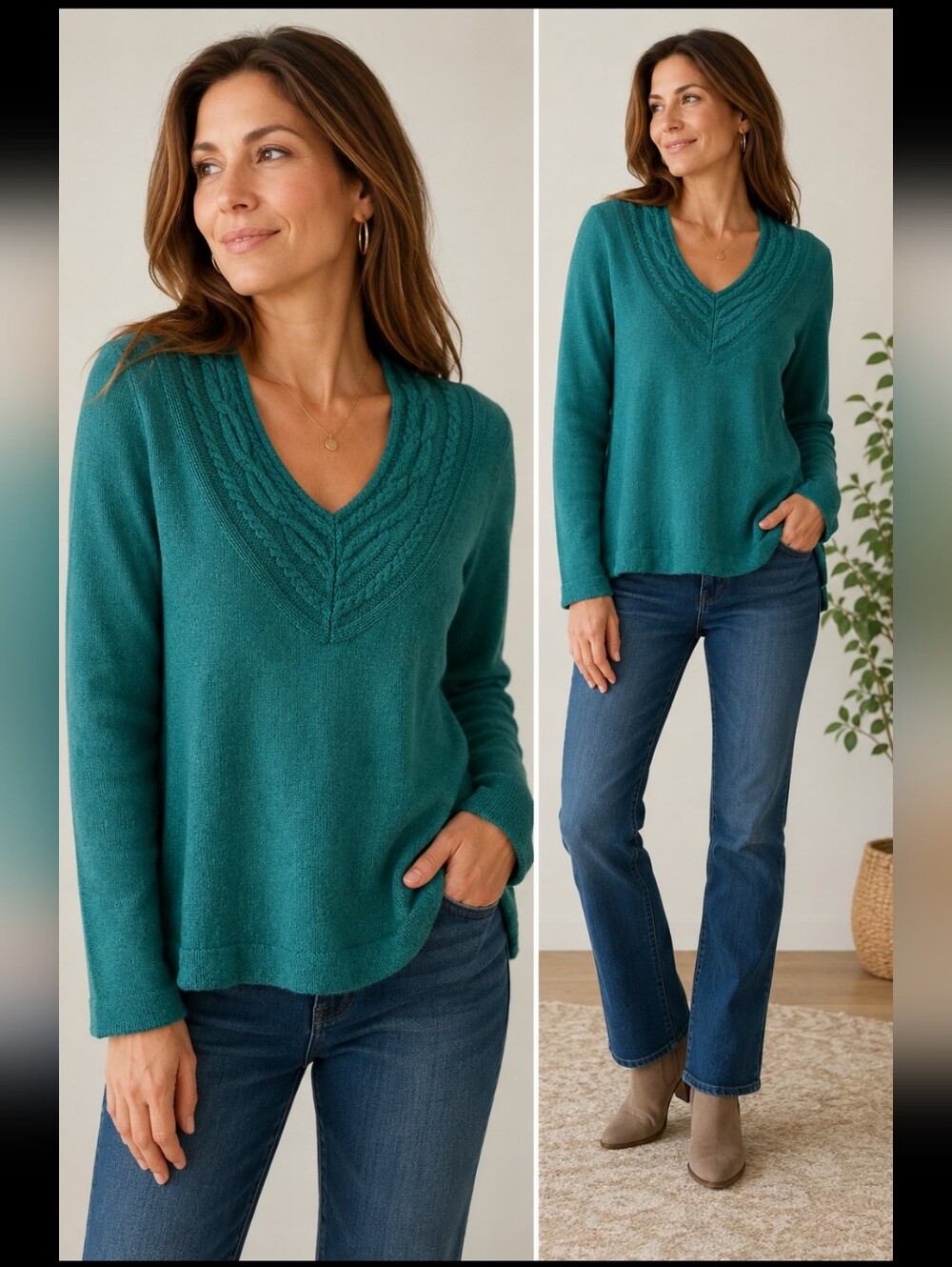 Banana Republic V-neck Sweater With Braided Neck Detail Teal Green Size Large